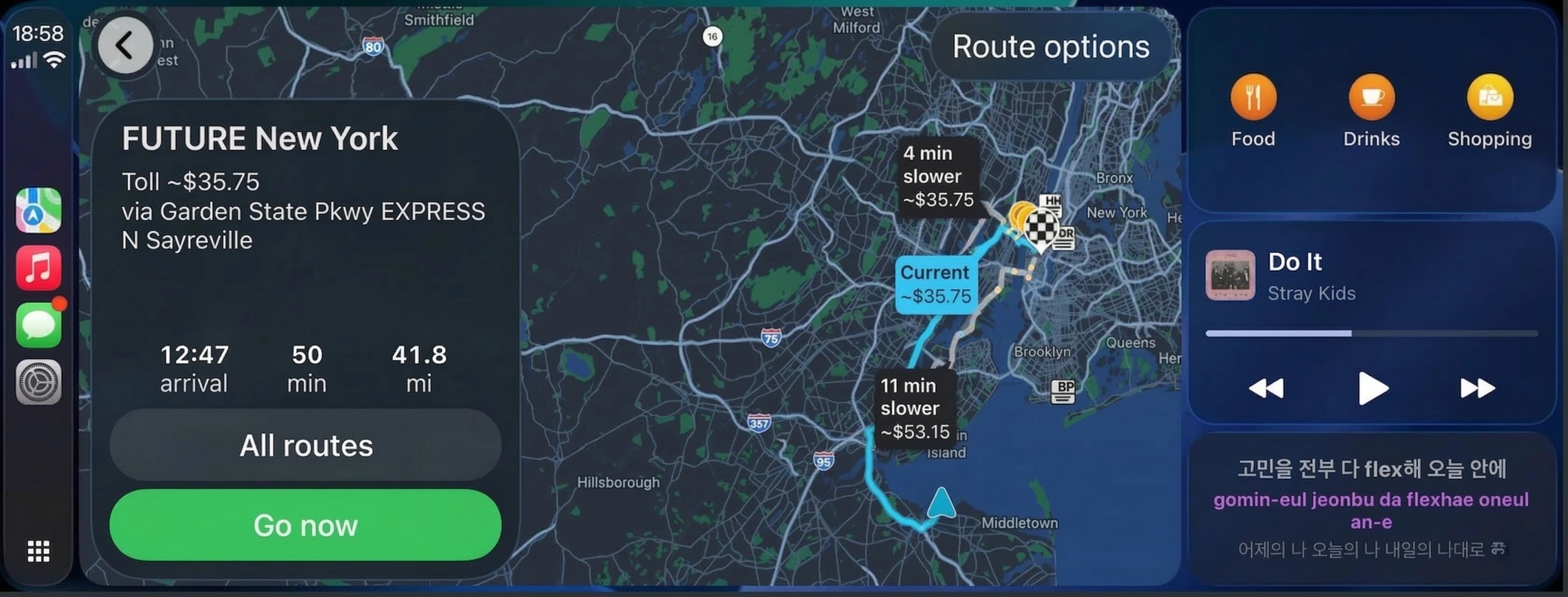 Lyrical displaying synchronized Korean lyrics and romanization in Apple CarPlay
